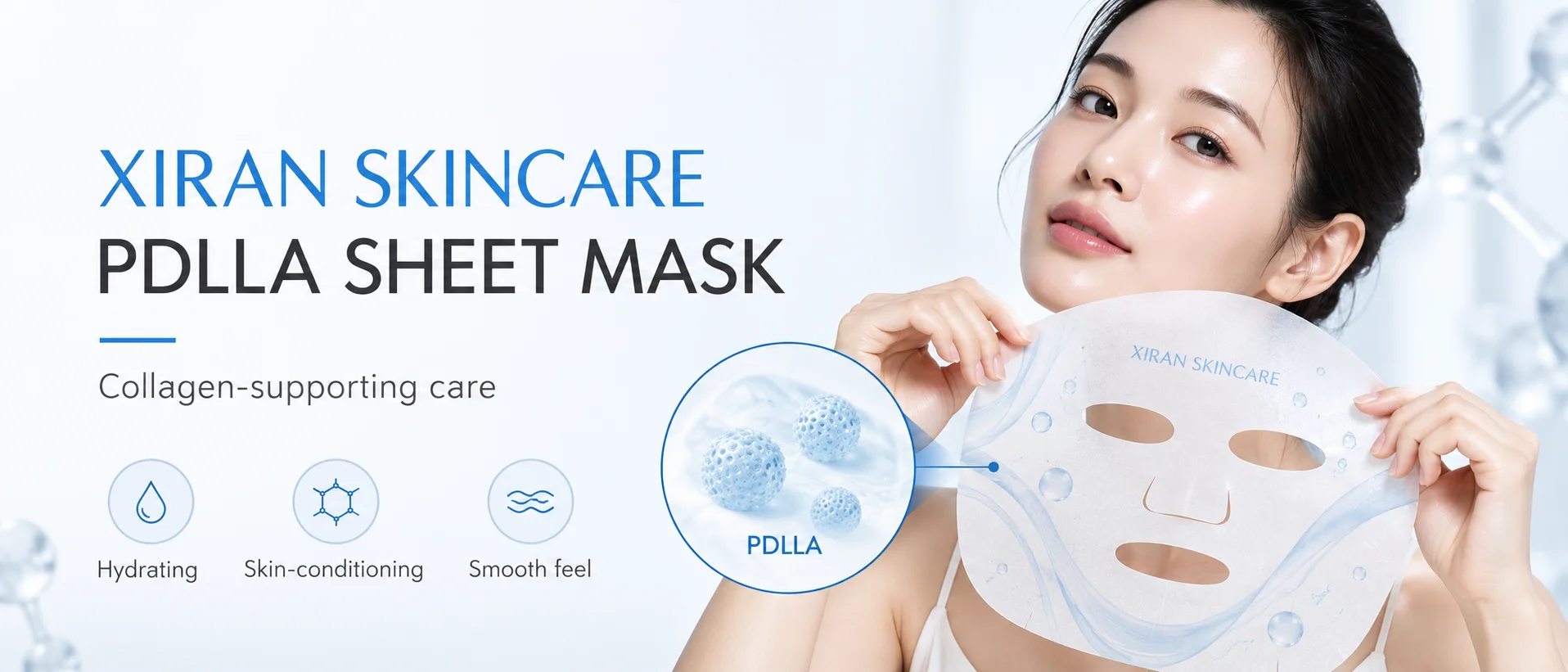 A woman holding a Xiran Skincare PDLLA sheet mask, showcasing its hydrating, skin-conditioning, and smooth feel benefits.
